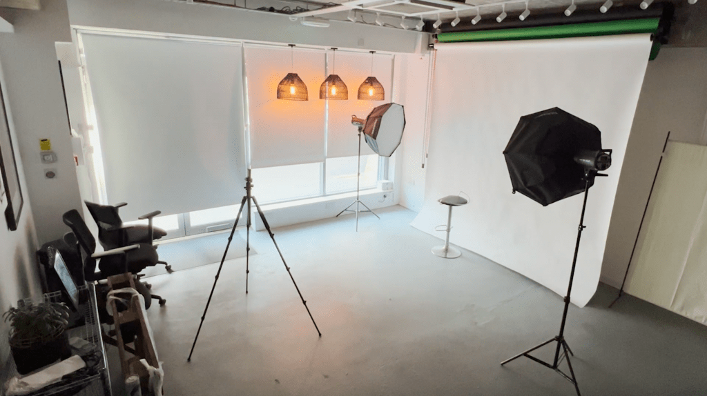 High ceiling photography studio with multiple lighting